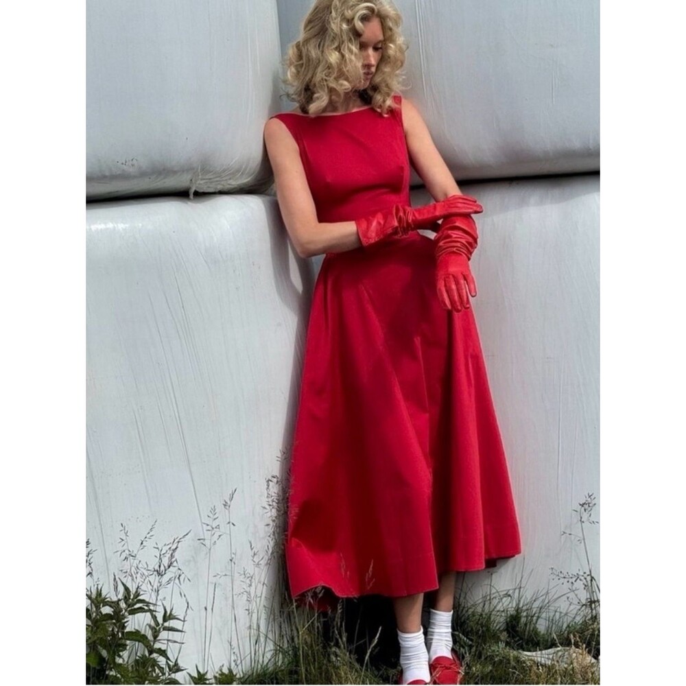 NEW Helsa Stretch Cotton Sateen Midi Dress in Red Elegant Fit-and-Flare Dress
